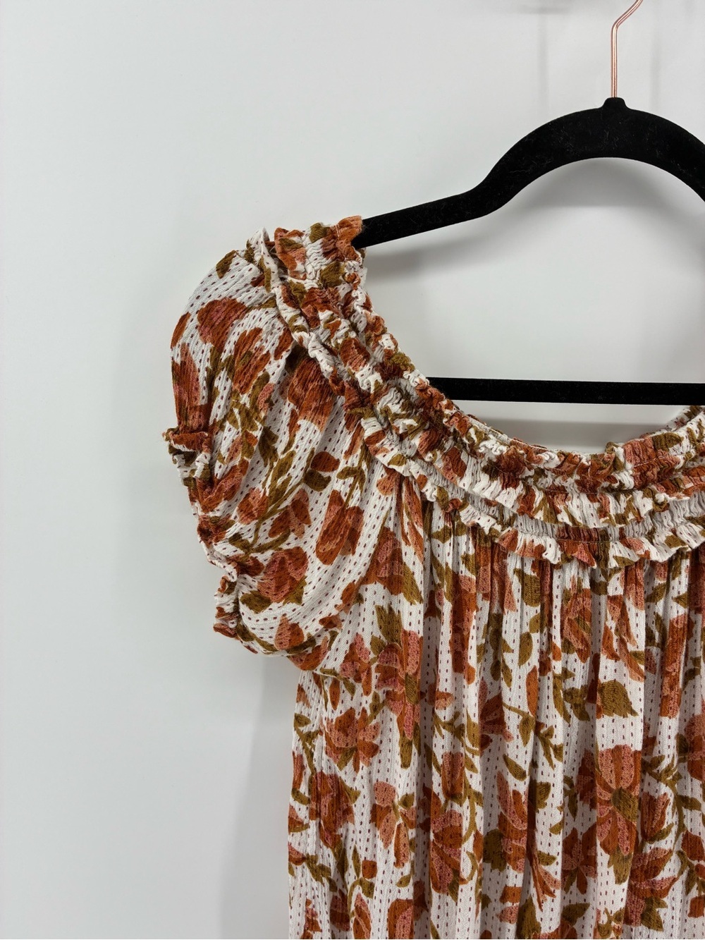 Off-Shoulder Floral Smocked Top in Rust Floral - Picture 3 of 8